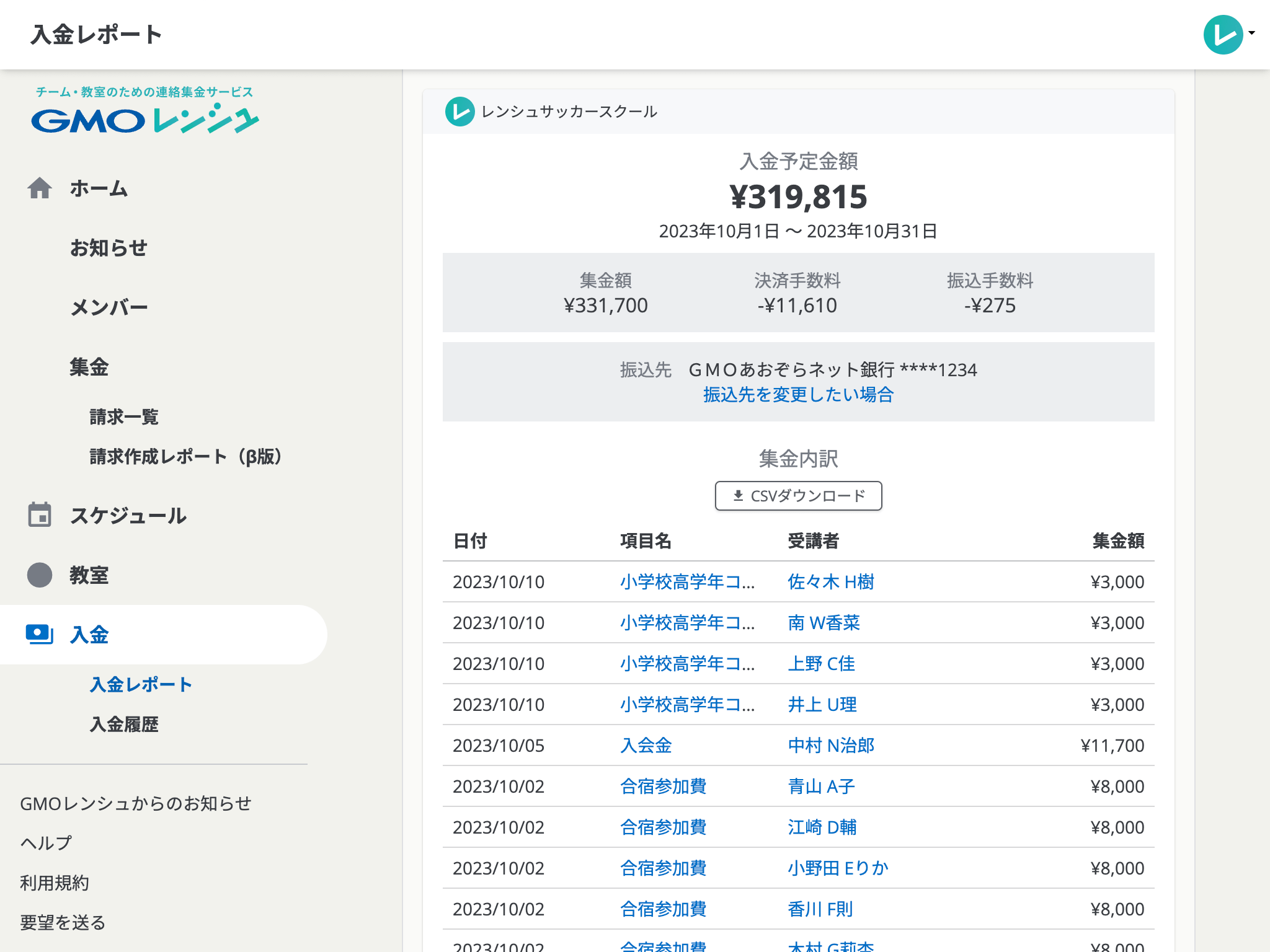 毎月の集金額とその内訳、決済手数料や振込手数料を確認できる画面。