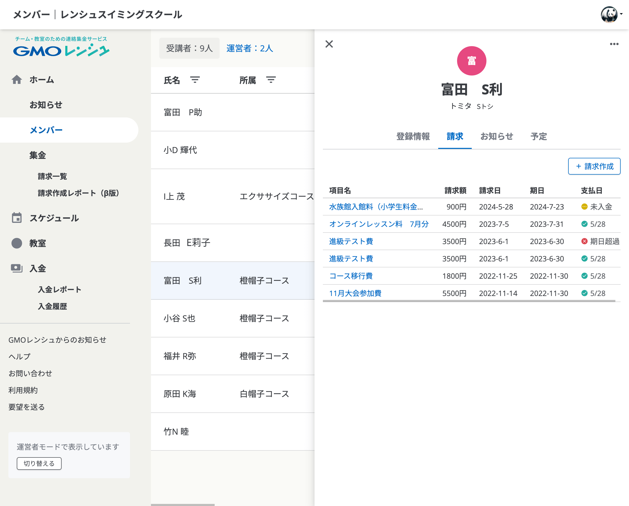 管理者の画面。請求・入金に関わる項目は表示される。