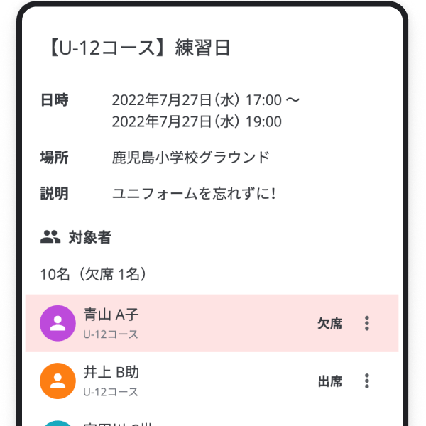 スケジュール詳細のキャプチャ画像。U-12コースの練習日というタイトルで、日時、場所、説明としてコメントが表示されている。対象者のリストには参加人数と、欠席者の人数が書かれていて、その下には受講者の名前と出席か欠席かの表示が出ている。